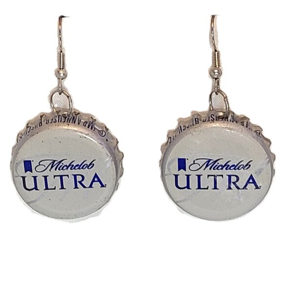 Silver Tone Michelob Ultra Silver Bottle Top Boho Drop Dangle Hook Earrings - Picture 6 of 6